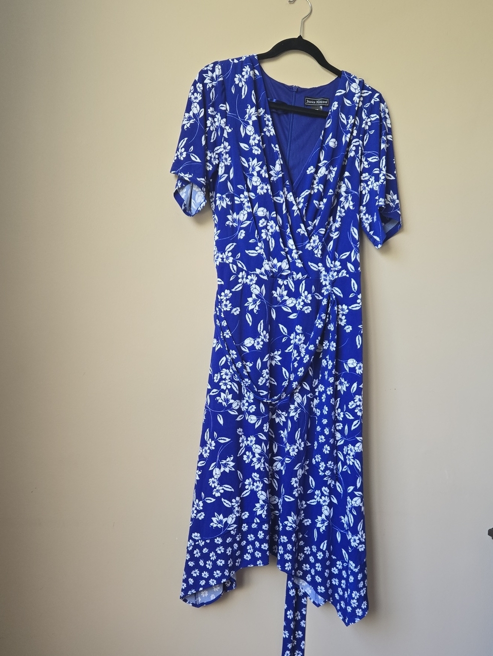 Jessica Howard Royal Blue and White Floral High-Low Wrap Dress